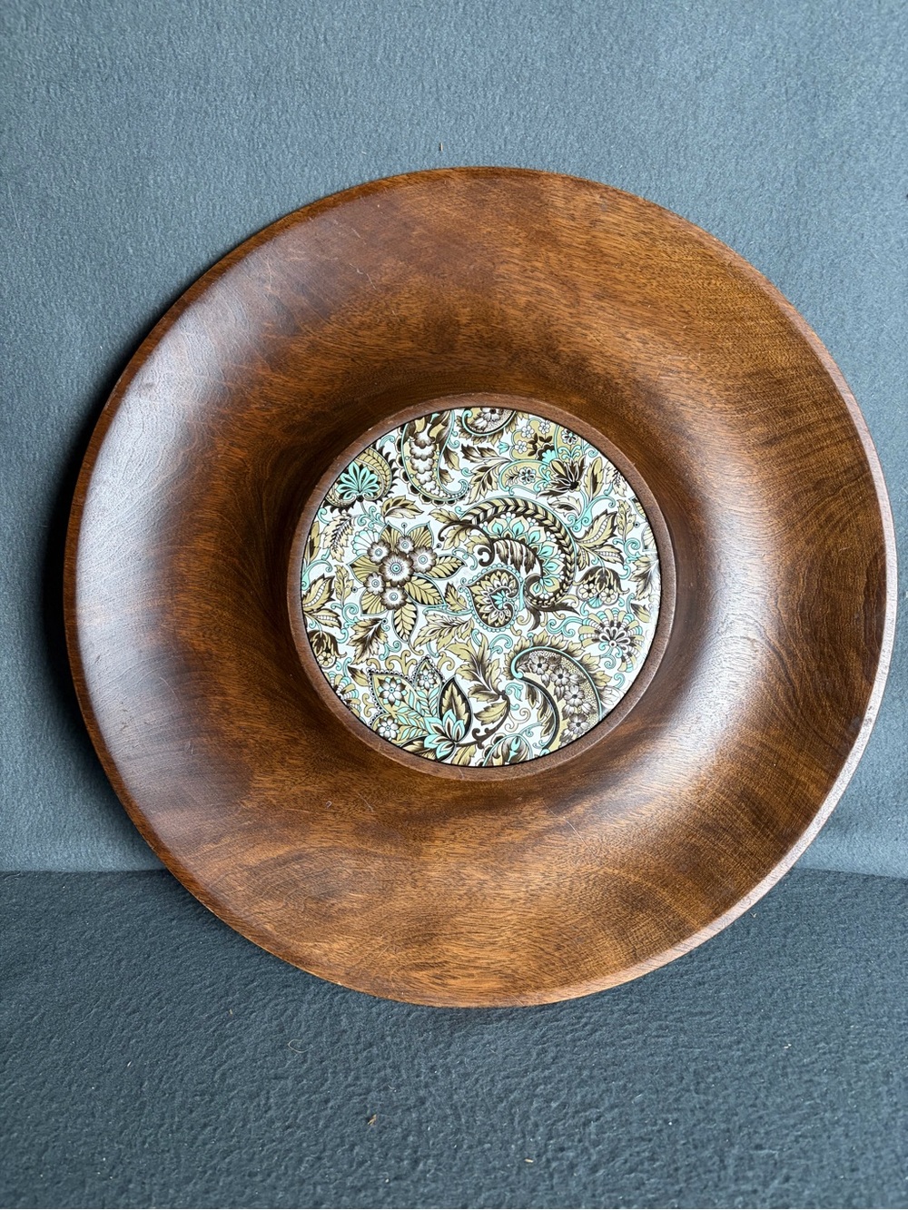 Vtg Woodburys Woodware Hand Turned Wood With Paisley Tile Shelburne Vermont 12"